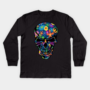 Colorful Hippie Trippy Flowers Skull Kids Long Sleeve T-Shirt